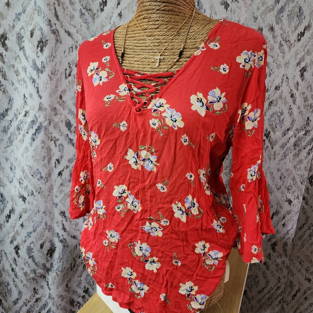 Democracy Floral Top Womens S Boho Red Flowy Peasant Blouse 3/4 Bell Sleeve